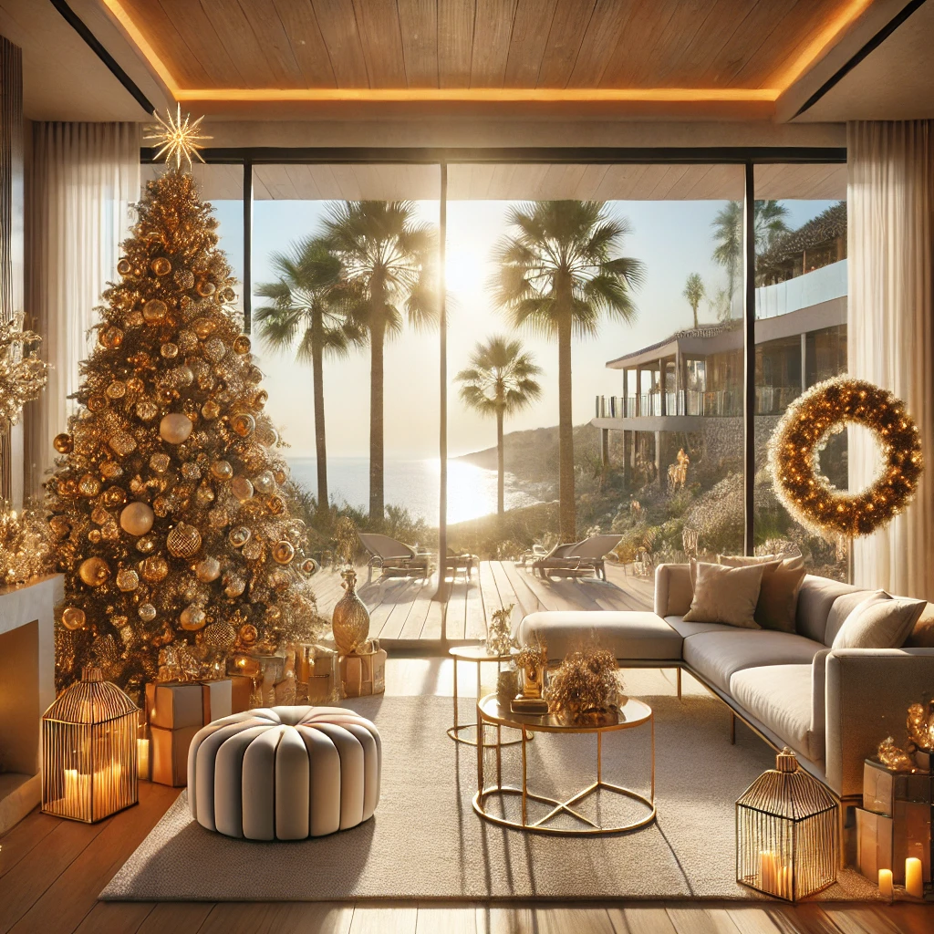Luxe villa woonkamer met kerstdecoratie, gouden kerstboom en uitzicht op zee en palmbomen aan de Costa del Sol tijdens de feestdagen