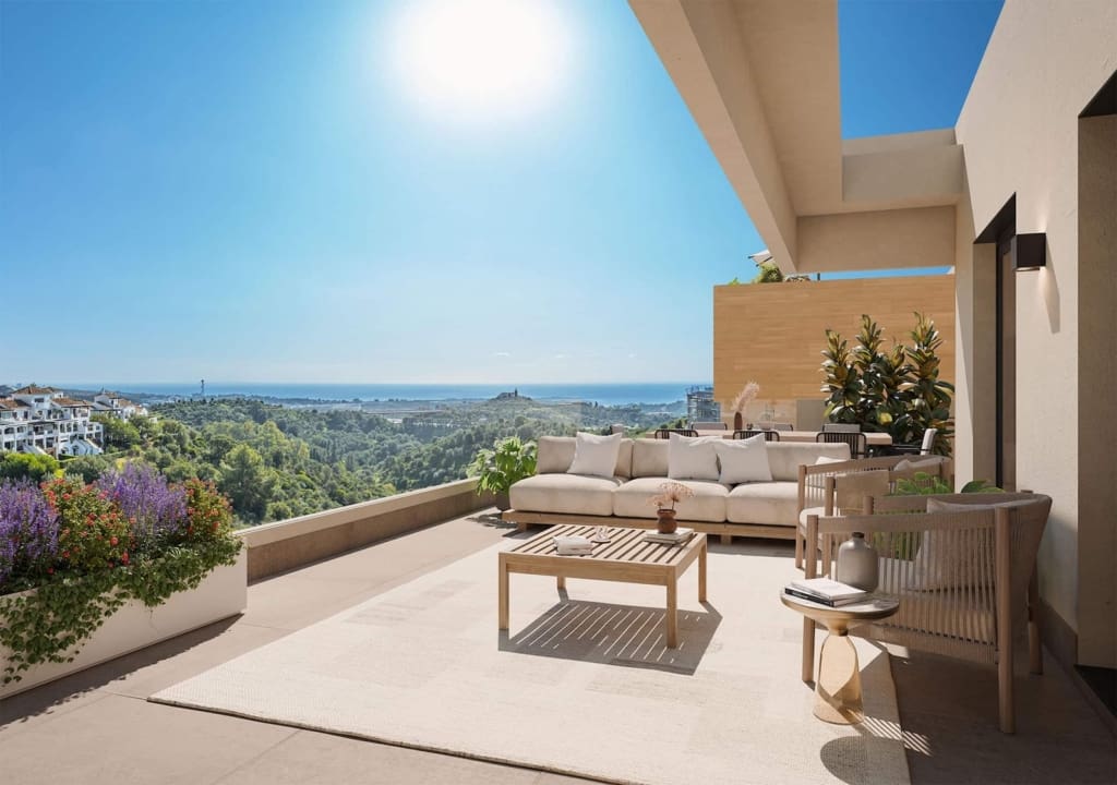Elegant sea view terraces, infinity pool, and Mediterranean architecture at Zélio Marbella - luxury apartments by MDR Luxury Homes on the Costa del Sol